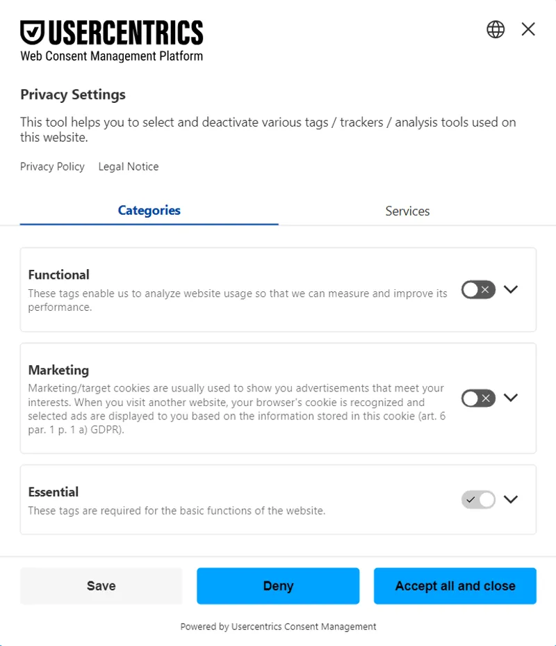 Screenshot of the Usercentrics consent banner in use on their website.