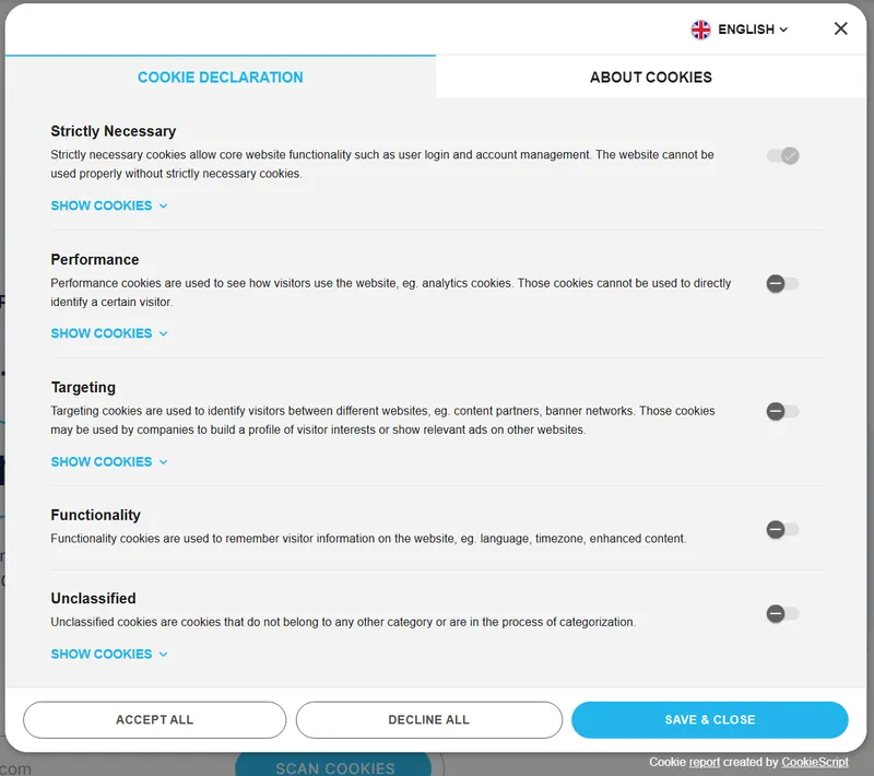 Screenshot of the CookieScript consent banner in use on their website.