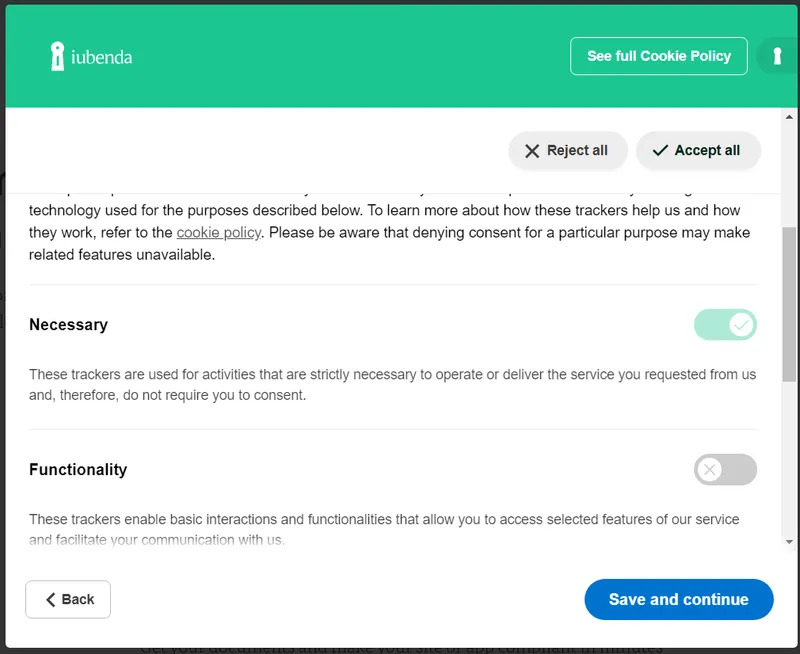 Screenshot of the Iubenda consent banner in use on their website.